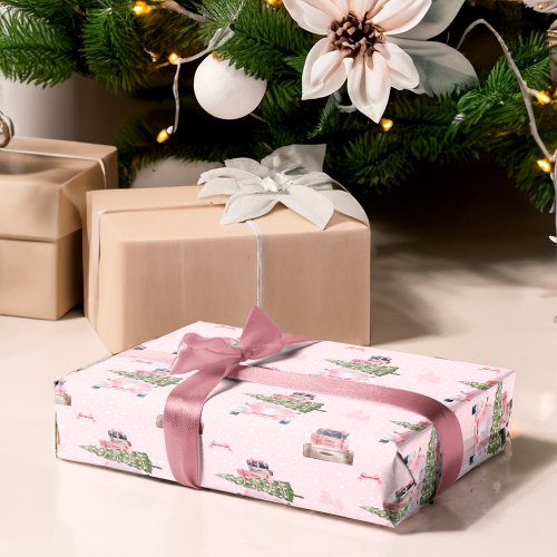 Christmas Road Trip Chic Pink Retro Watercolor Car Wrapping Paper