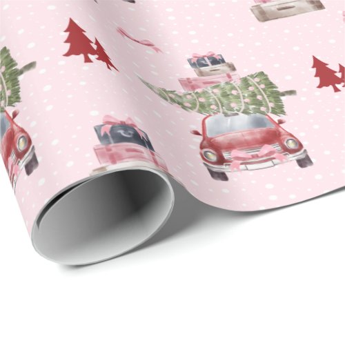 Christmas Road Trip Chic Red Retro Watercolor Wrapping Paper