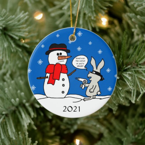Christmas Robber Bunny Ceramic Ornament