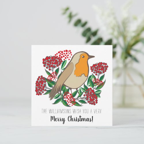 Christmas robin berries and foliage cute name holiday card