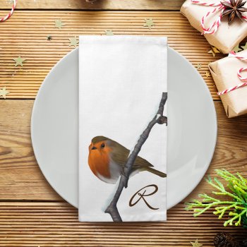 Christmas Robin Bird Monogrammed Winter White  Napkin by mothersdaisy at Zazzle