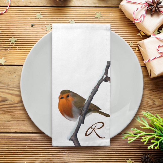 Christmas Robin Bird Monogrammed Winter White  Napkin (Add your initial to this cute robin cloth napkin)