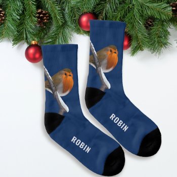Christmas Robin Bird On Winter Branch Blue Socks by mothersdaisy at Zazzle