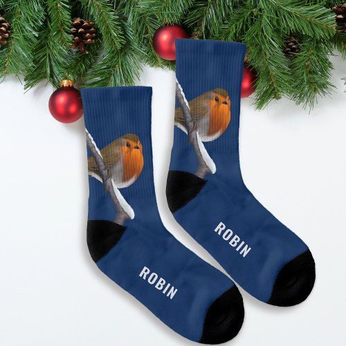 Christmas Robin Bird on Winter Branch Blue Socks
