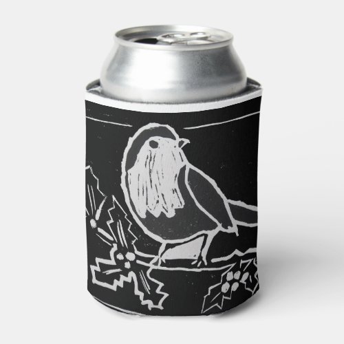 Christmas Robin Black and White Print Can Cooler