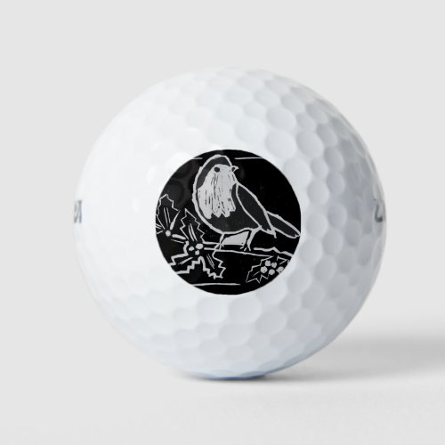 Christmas Robin Black and White Print Golf Balls