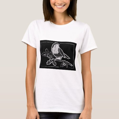 Christmas Robin Black and White Print T_Shirt