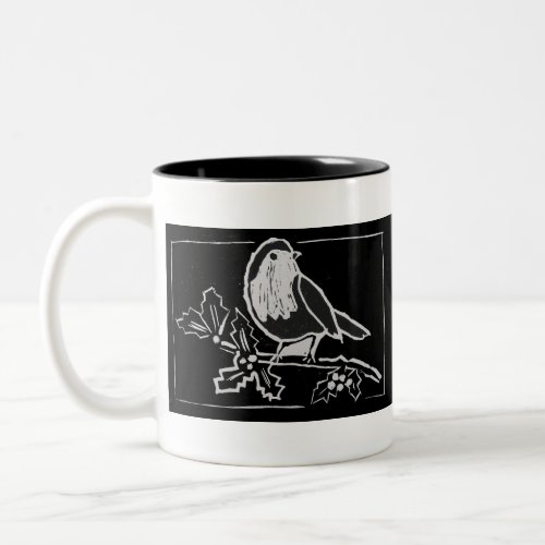 Christmas Robin Black and White Print Two_Tone Coffee Mug