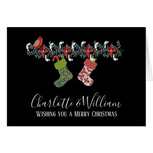 Christmas Robin Hanging Stocking Personalized Cards (Front Horizontal)