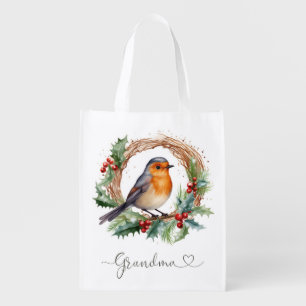 Christmas Robin Holly Wreath Reusable Grocery Bag