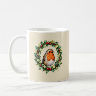 Christmas Robin Holly Wreath Watercolour Coffee Mug