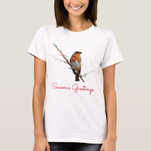 Christmas Robin on Tree Branch T_Shirt