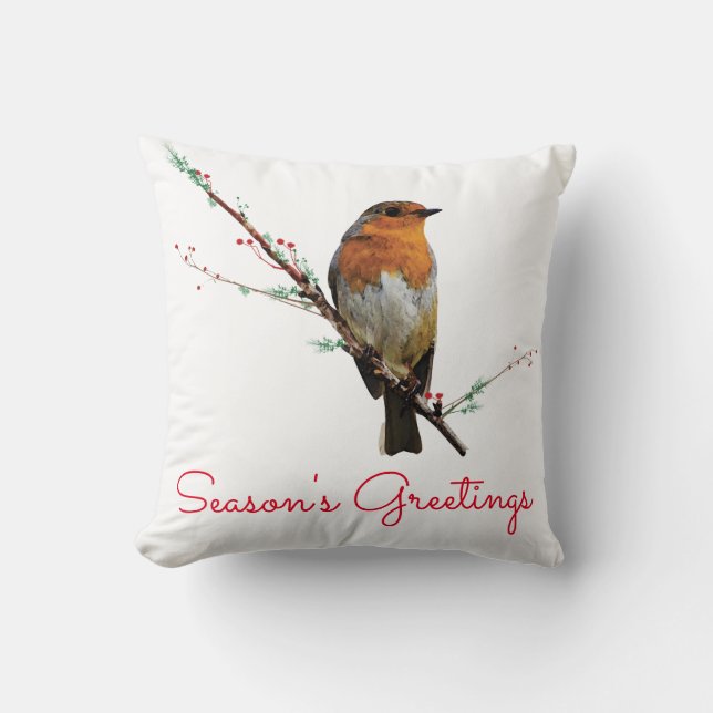 Christmas Robin on Tree Branch Throw Pillow (Front)