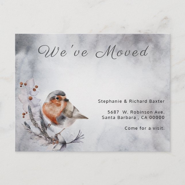 Christmas Robin We've Moved Gray New Home Moving Announcement Postcard (Front)