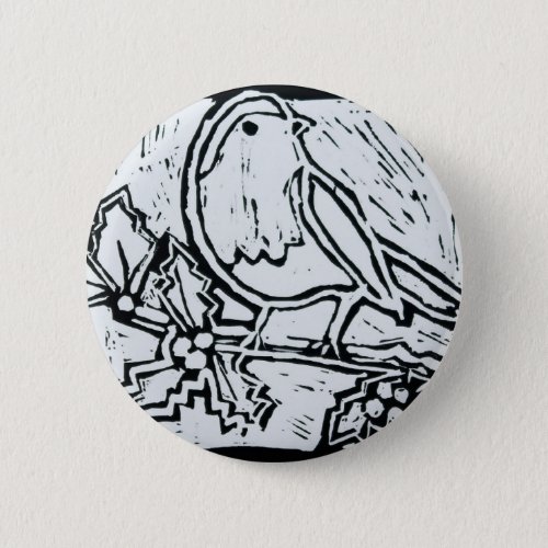 Christmas Robin with Holly in Black and White Button