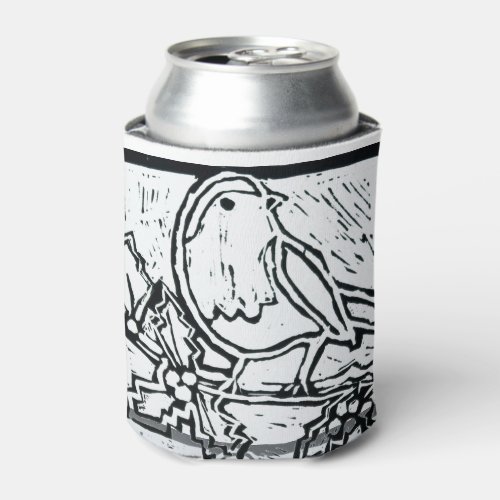 Christmas Robin with Holly in Black and White Can Cooler