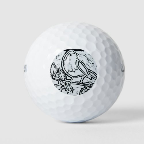 Christmas Robin with Holly in Black and White Golf Balls