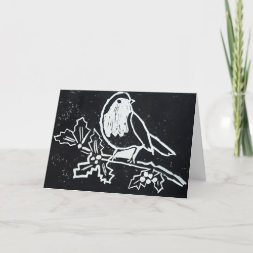 Christmas Robin with Holly in Black and White Holiday Card