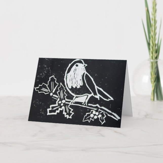 Christmas Robin with Holly in Black and White Holiday Card (Front)