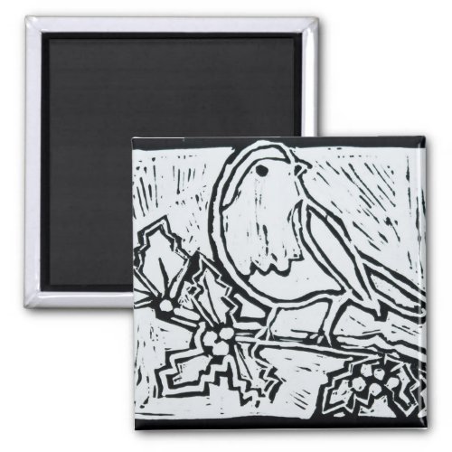 Christmas Robin with Holly in Black and White Magnet