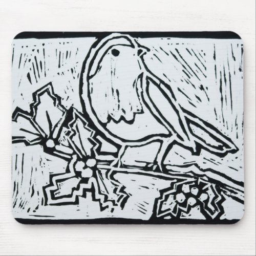 Christmas Robin with Holly in Black and White Mouse Pad