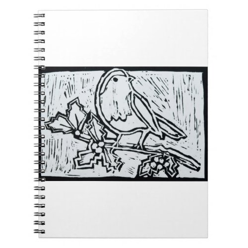 Christmas Robin with Holly in Black and White Notebook