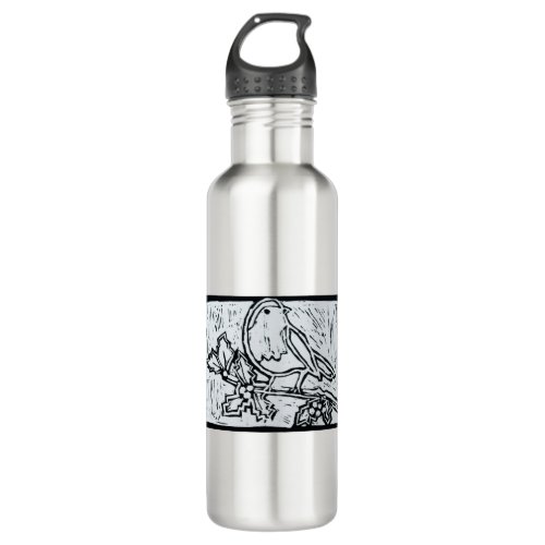 Christmas Robin with Holly in Black and White Stainless Steel Water Bottle