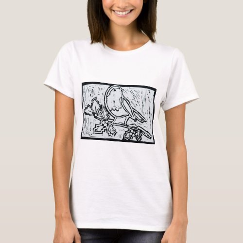 Christmas Robin with Holly in Black and White T_Shirt