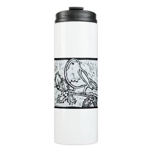 Christmas Robin with Holly in Black and White Thermal Tumbler
