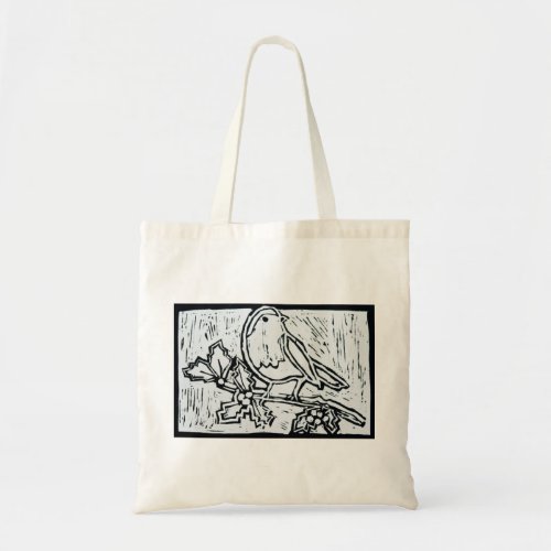 Christmas Robin with Holly in Black and White Tote Bag