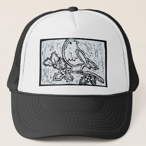 Christmas Robin with Holly in Black and White Trucker Hat