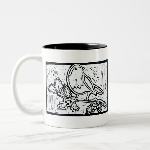 Christmas Robin with Holly in Black and White Two_Tone Coffee Mug