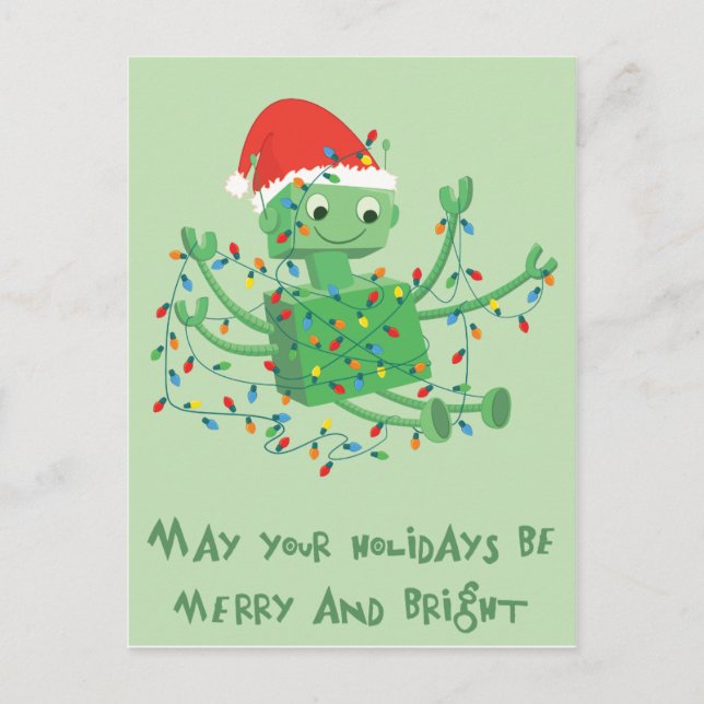 Christmas Robot Tangled Up in Lights Holiday Postcard (Front)