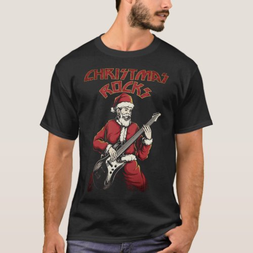 Christmas Rocks Santa With Guitar T_Shirt