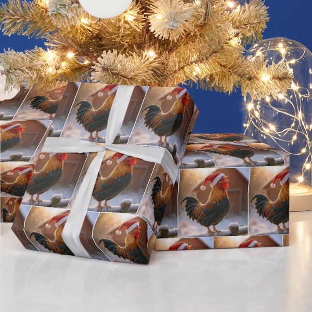 Christmas Rooster Crowing On a Snowy Fence Wrapping Paper (Holidays)