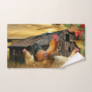 Christmas Rooster Hen Barn Coop Farm Hand Towel