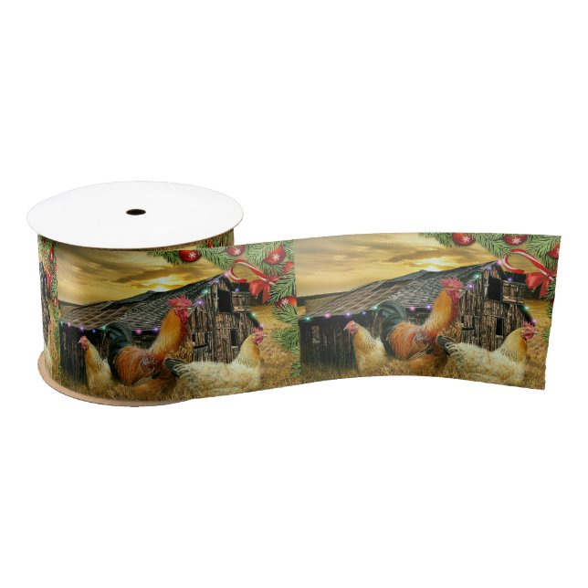 Christmas Rooster Hen Barn Coop Farm Satin Ribbon (Spool)