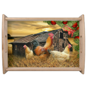 Christmas Rooster Hen Barn Coop Farm Serving Tray