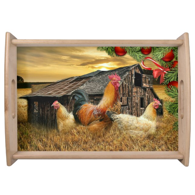 Christmas Rooster Hen Barn Coop Farm Serving Tray (Front)