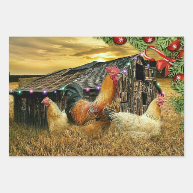 Christmas Rooster Hen Barn Coop Farm Wrapping Paper Sheets (Front)