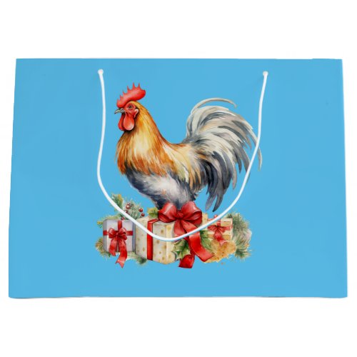 Christmas Rooster  Presents Vintage Graphic Blue Large Gift Bag