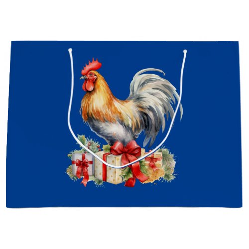 Christmas Rooster  Presents Vintage Graphic Blue Large Gift Bag