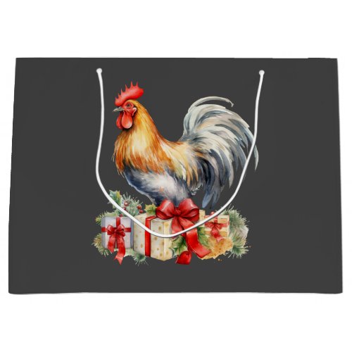 Christmas Rooster  Presents Vintage Graphic Gray Large Gift Bag
