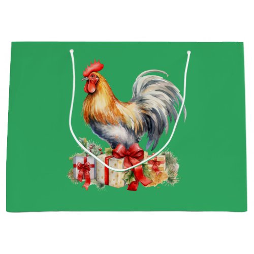 Christmas Rooster  Presents Vintage Graphic Green Large Gift Bag