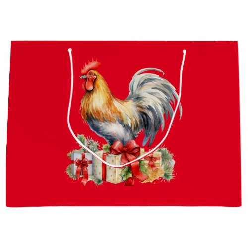 Christmas Rooster  Presents Vintage Graphic Red Large Gift Bag