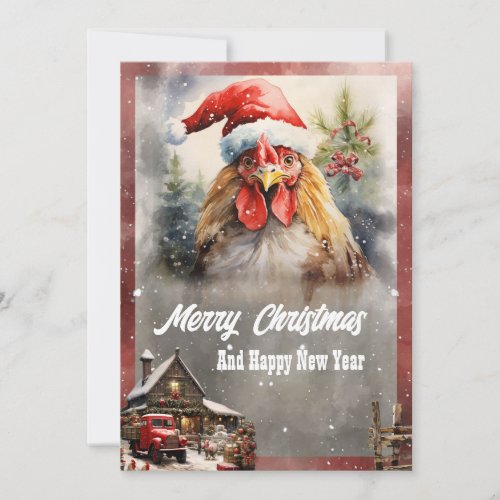 Christmas Rooster Watercolor Holiday Card