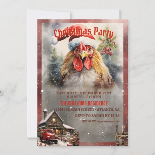 Christmas Rooster Watercolor Invitation