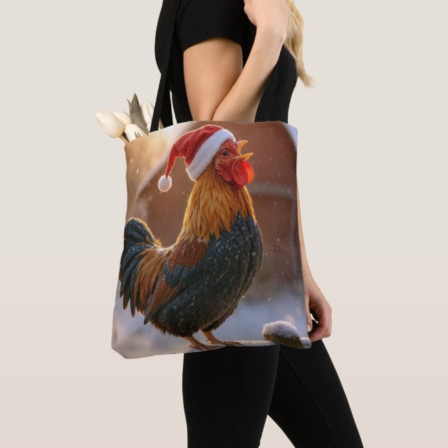 Christmas Rooster Wearing a Santa Hat Tote Bag (Close Up)