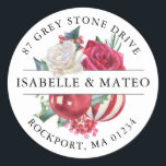 Christmas Rose Floral Return Address Label<br><div class="desc">Add a special touch to all your envelopes with this elegant round design. It features a bouquet of blush red and white roses in the center. Red and white ornaments add a dash of festive holiday color. Your names are written across the center on a white strip. Your address is...</div>