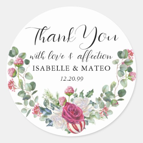 Christmas Rose Floral Wedding Thank You Classic Round Sticker